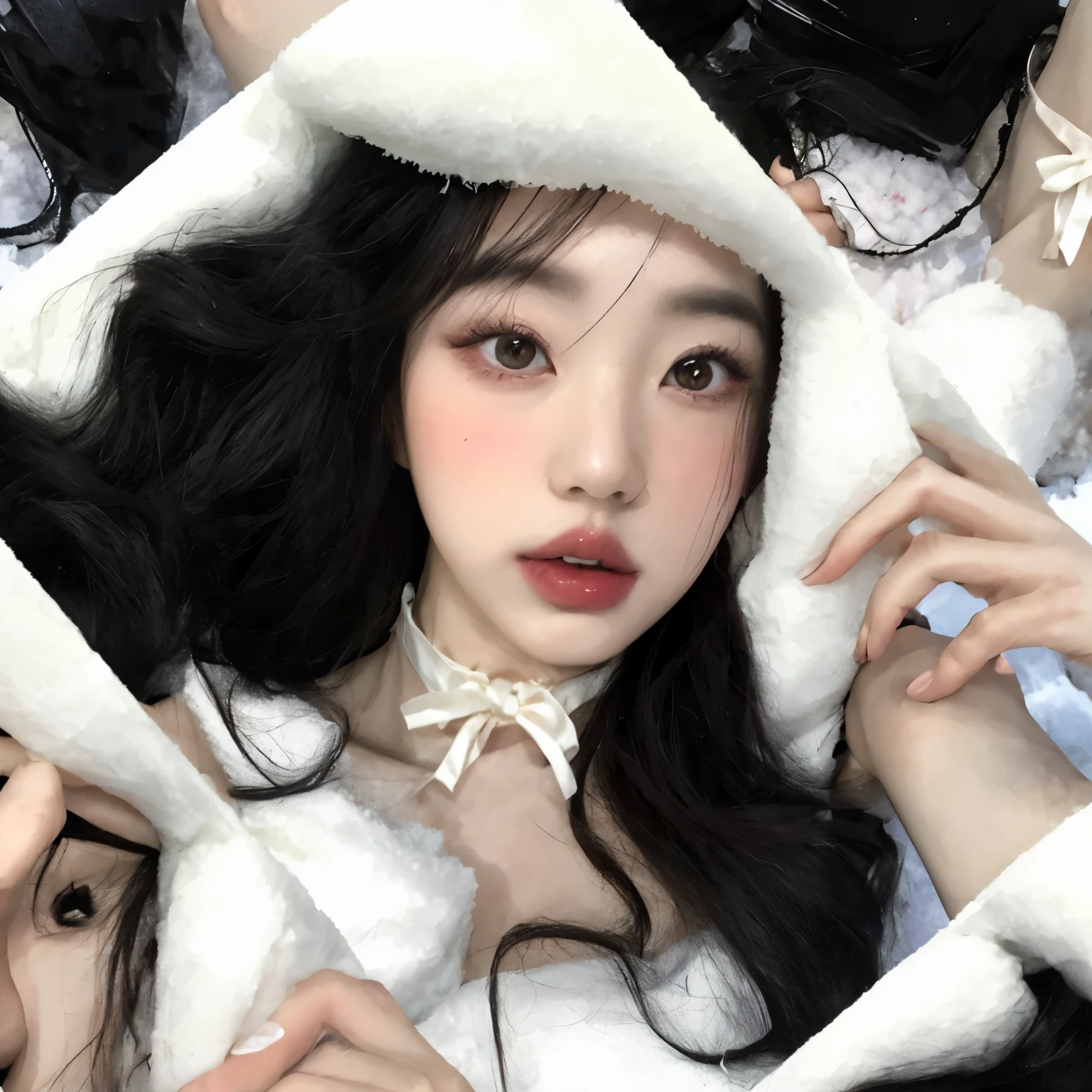 un primer plano de una mujer con un abrigo de piel blanco y un cuello blanco, ulzzang, Peinado blanco de corte hime, El Corte Hime, aesthetic!!!!!!!!!!, aesthetic cute with flutter, lofi girl aesthetic, Cabello negro Hime cortado, Retrato realista kawaii, goth girl aesthetic, tumblr, pale snow white skin, Guweiz, โ๐ช๐๐ฉ๐พ