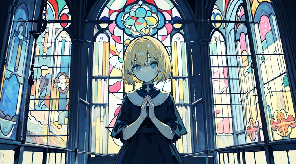 (sister, blonde hair, very short hair, praying, kawaii), (abandoned church, blue stained glass), (low contrast, flat color, limited palette)