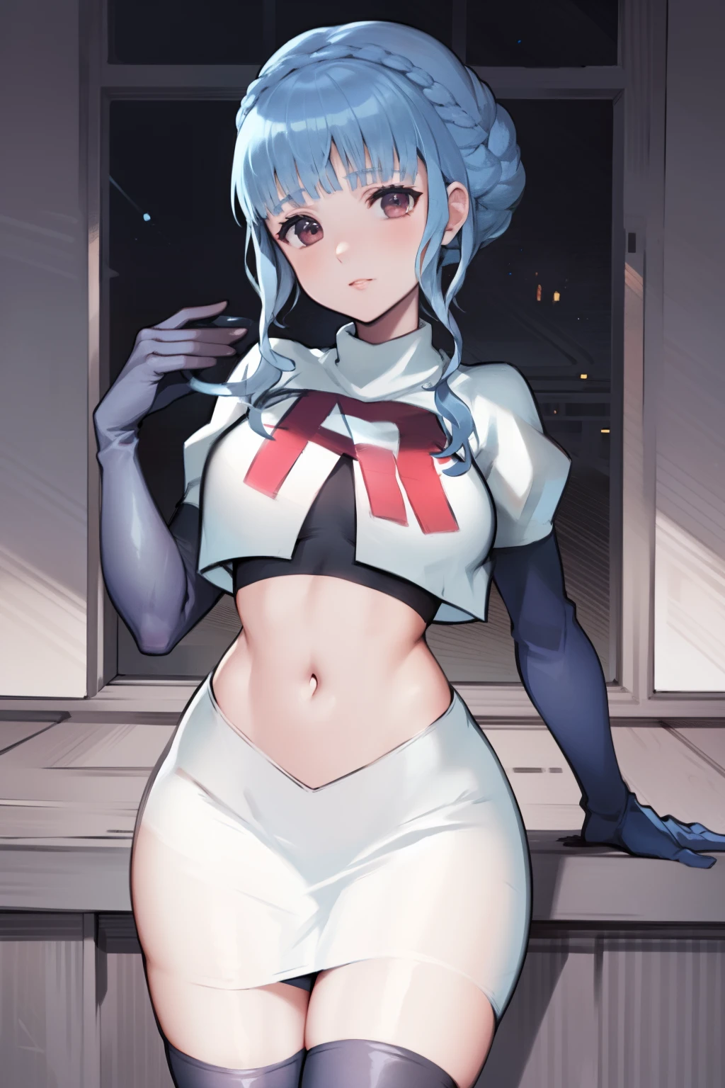 marianne von edmund, team rocket uniform, red letter R, white skirt,white crop top,black thigh-high boots, black elbow gloves, looking at viewer, cowboy shot, night sky background