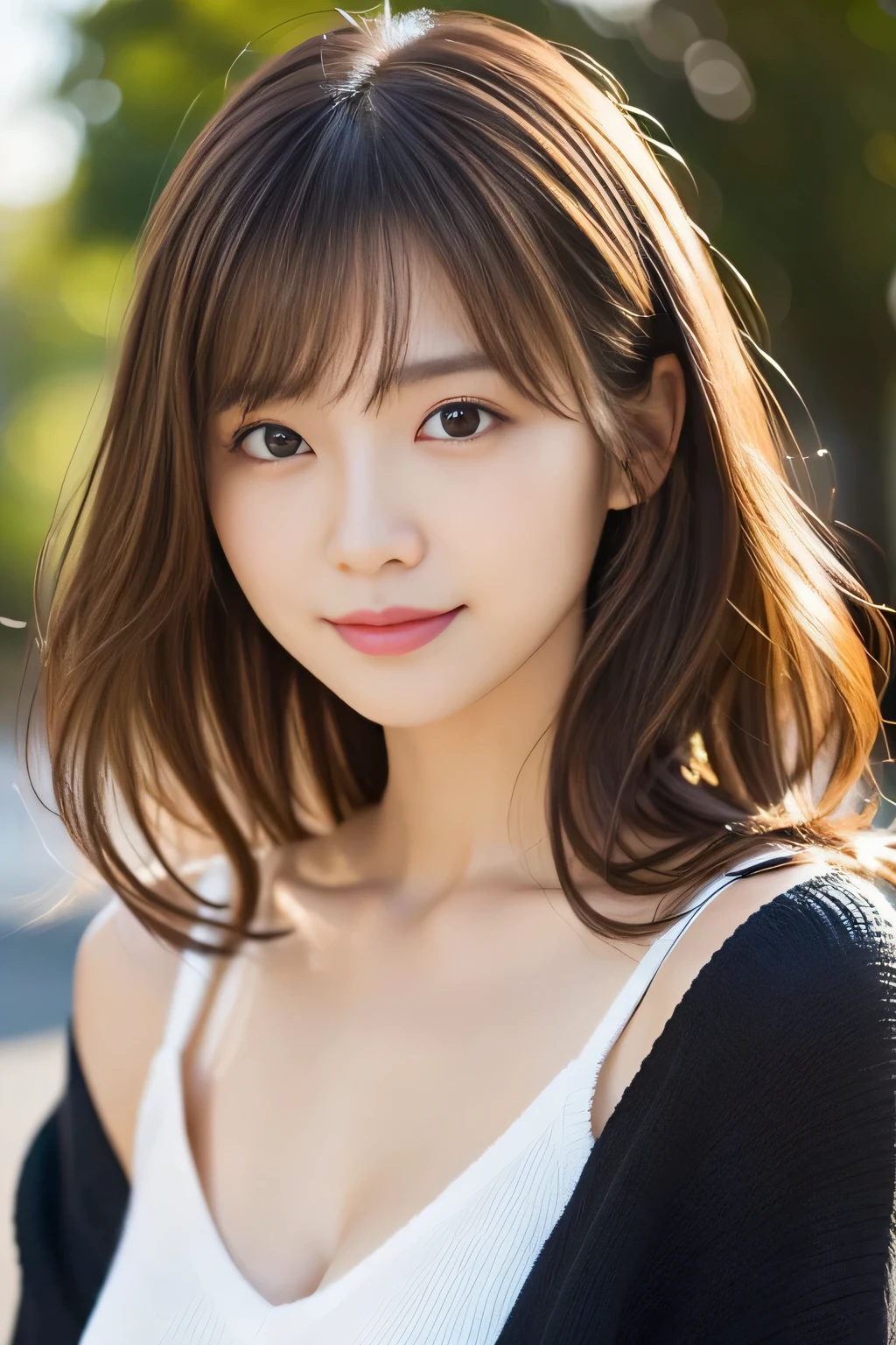 (1girll:1.2),(8K, Best Quality, tmasterpiece), (Realistic, Photorealsitic:1.37), ultra - detailed, adolable, 独奏, 可adolable日本人女性,brown haired,By bangs, Curly, Hair on the shoulders, beautiful and delicate eyes,The eyes tell the story of a smile,Moisturizes skin,V-neck white knit,Stimulating,so sexy,Bright sunshine、细致背景、