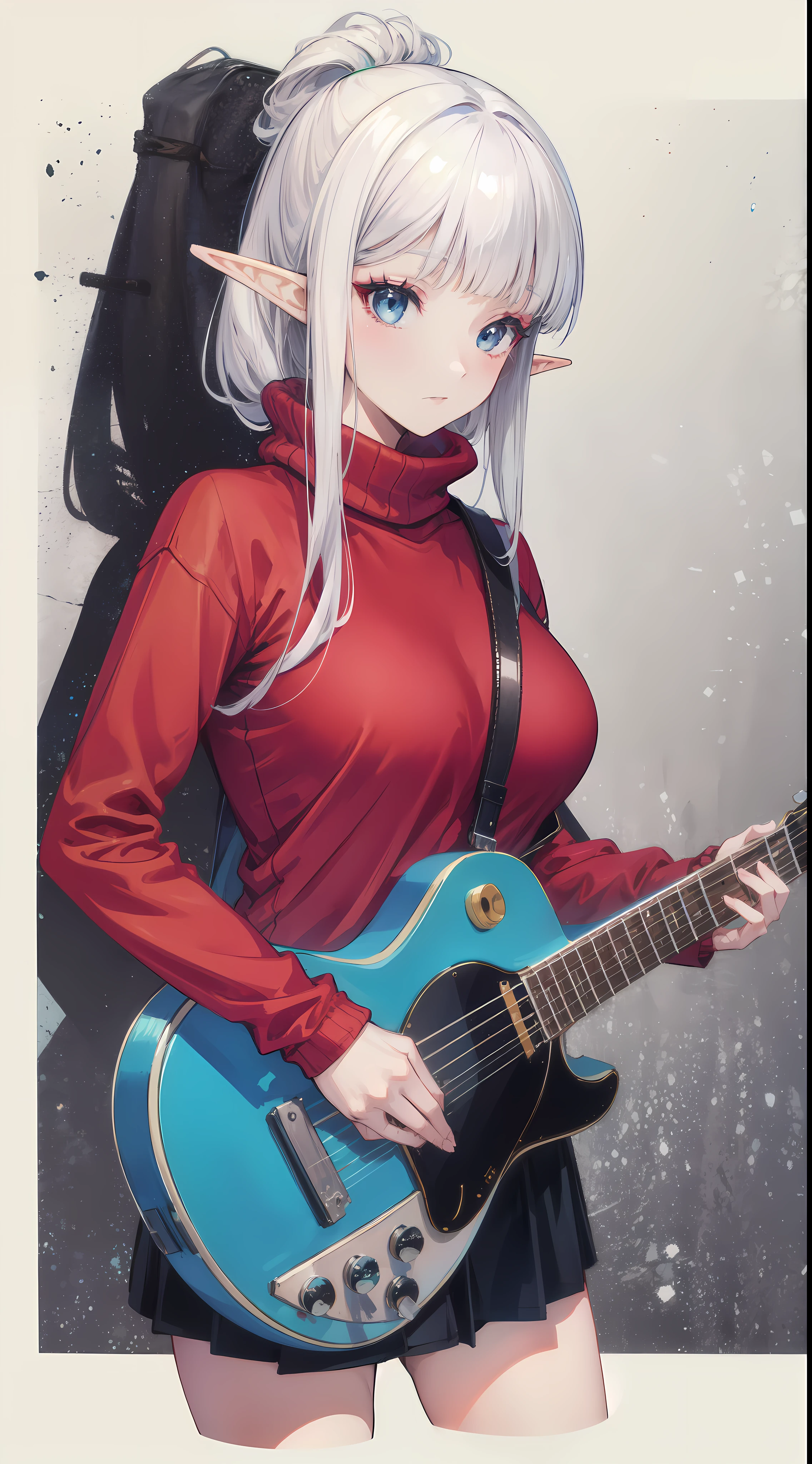 ((masterpiece, best quality)), official art, unity 8k wallpaper, ultra detailed, an elf woman, with a ((guitar)) in her hands and a joy in her eyes, BREAK, highly detailed of (elf), (1girl), solo, big breast, perfect face, details eye, Blunt bangs, (hair between eye), white hair, blue eyes, eyelashes, eyeshadow, pink eyeshadow, in the style art by Artgerm, by Kawacy, by Yoshitaka Amano, BREAK, flat jumper, knitwear, knitwear design, knitted sweater, cables, cables composition, fishermans rib, woolen material, bright orange