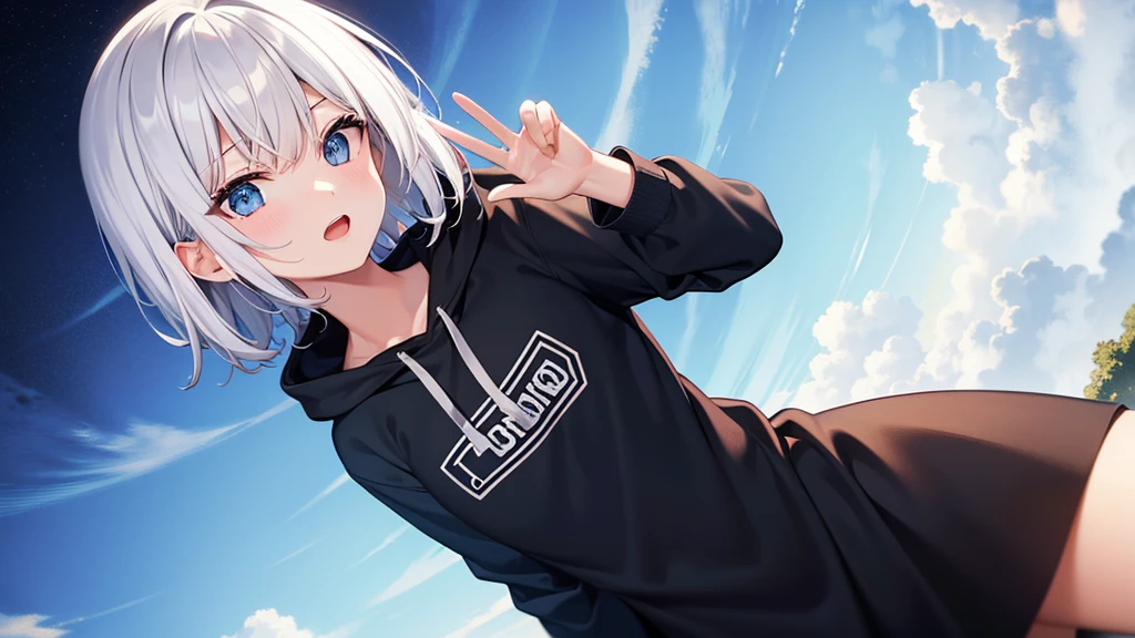 (masutepiece: 1.2, Best Quality), 1 Lady, Solo, silber hair,Shoulder out,Very short hair, long bangs between eyes, blue eyess,Black eyes, Hoodie,White hair, Silver hair, Hoodie, White hoodie、blue-sky、in woods、izumi、flower field、open open mouth、5 fingers