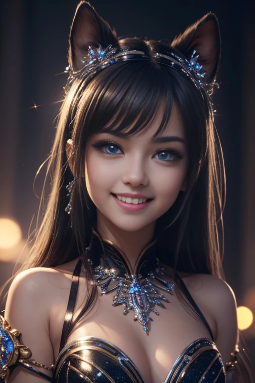 ((masterpiece, best quality)), highres, 8k, cinematic light, high contrast, depth of field, intense glow, detailed background, 1girl, cute, detailed eyes, sparkle in eyes, detailed iris, grin, stylized, open mouth, fang,