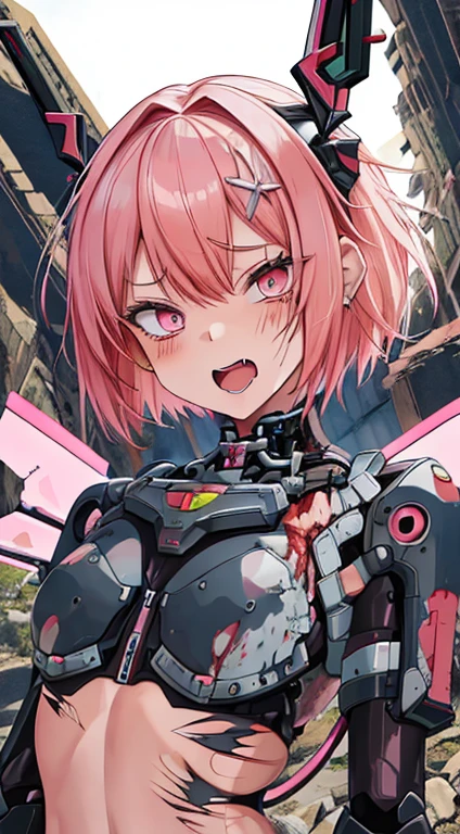 masutepiece, Best Quality, absurderes,noah_\(nikke\),ruins,1girl,girl is cyborg,Huge damage,(bleeding),pink hair,short hair,Antennae on the head,small breastsI,lying on her back on rock,scrap,blood pool, top view ,(battle suit),armor,(torn clothes:1.5),tears,ahegao, open mouth, drivel,