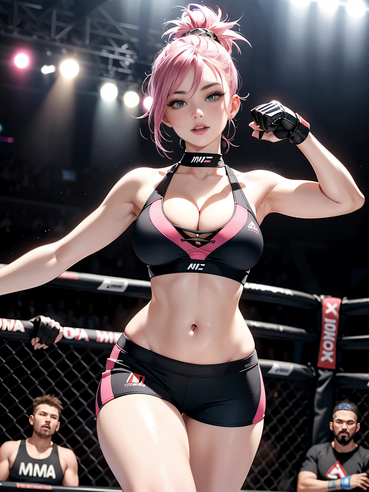 PERFECT MASTERPIECE, EXTREMELY DETAILED CG UNITY 32K UHD QUALITY RESOLUTION WALLPAPER, PHOTOREALISTIC, RAW PHOTO, PERFECT PHOTOGENIC CLARITY, OFFICIAL ART, AWARD-WINNING PORTRAIT, ULTRA HYPER-REALISTIC, ULTRA HYPER-DETAILED, SHINY REALISTIC SKIN, ADVANCED RAY TRACING, CINEMATIC LIGHTING, PERFECT COMPOSITION, The most beautiful and sexy MMA fighter girl, short pink hair in a shaved mohawk hairstyle, vibrant moonlight eyes, long detailed eyelashes, blushing, full pouting pink, small cut on her face, curvy body type, full hips, super huge enormously gigantic tits, cleavage showing, gigantic tits bursting out of her outfit, tons of tattoos and piercings, (wearing detailed athletic sports bra athletic shorts and MMA fighting gloves:1.3), arching her back in a sexy seductive slutty pose, looking at the viewer, close up pov camera view from below, sexy seductive slutty facial expression, MMA cage match arena background