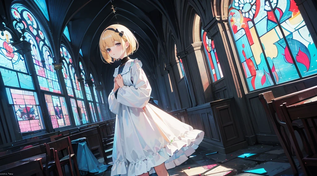 (sister, blonde hair, very short hair, praying, kawaii), (abandoned church, blue stained glass), (low contrast, flat color, limited palette)