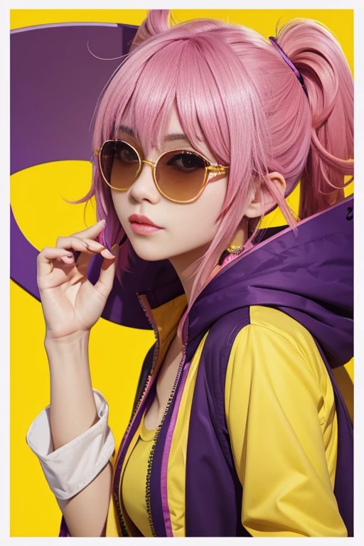 yae miko wearing trendy yellow sunglasses, yellow background, pink hair, purple eyes