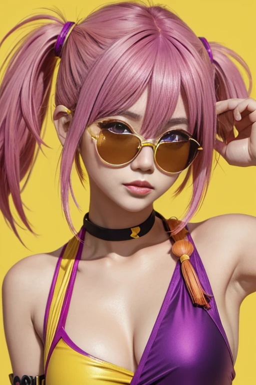 yae miko wearing trendy yellow sunglasses, yellow background, pink hair, purple eyes