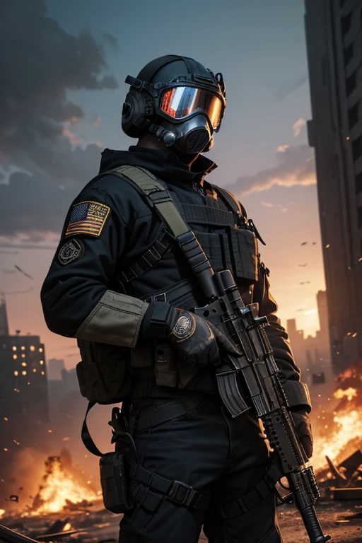 STAR15Mod, (masterpiece), (best quality), (ultra-detailed), (best illustration),(best shadow), looking at viewer, cowboy shot, fiery destroyed city background, tactical gear, tactical pouches, (gas mask:0.8), tactical armor, assault rifle, holstered handgun, (frown:1.3)