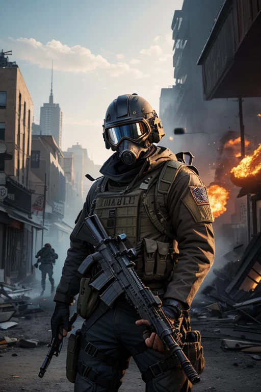 STAR15Mod, (masterpiece), (best quality), (ultra-detailed), (best illustration),(best shadow), looking at viewer, cowboy shot, fiery destroyed city background, tactical gear, tactical pouches, (gas mask:0.8), tactical armor, assault rifle, holstered handgun, (frown:1.3)