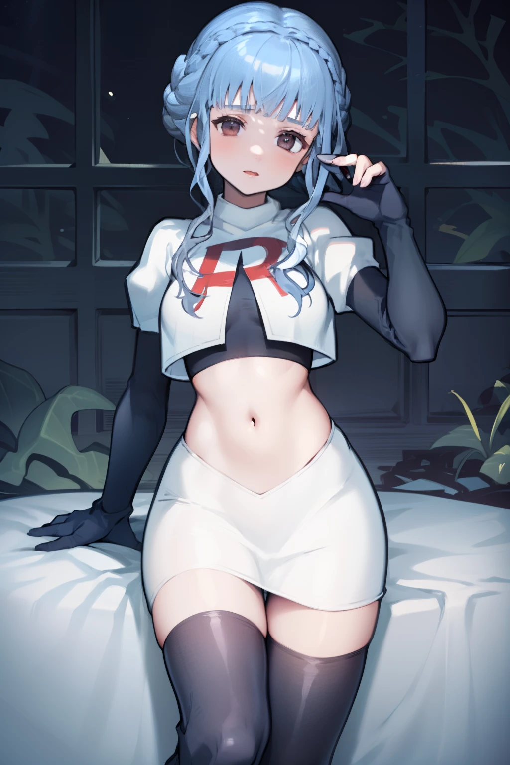 marianne von edmund, team rocket uniform, red letter R, white skirt,white crop top,black thigh-high boots, black elbow gloves, looking at viewer, cowboy shot, night sky background