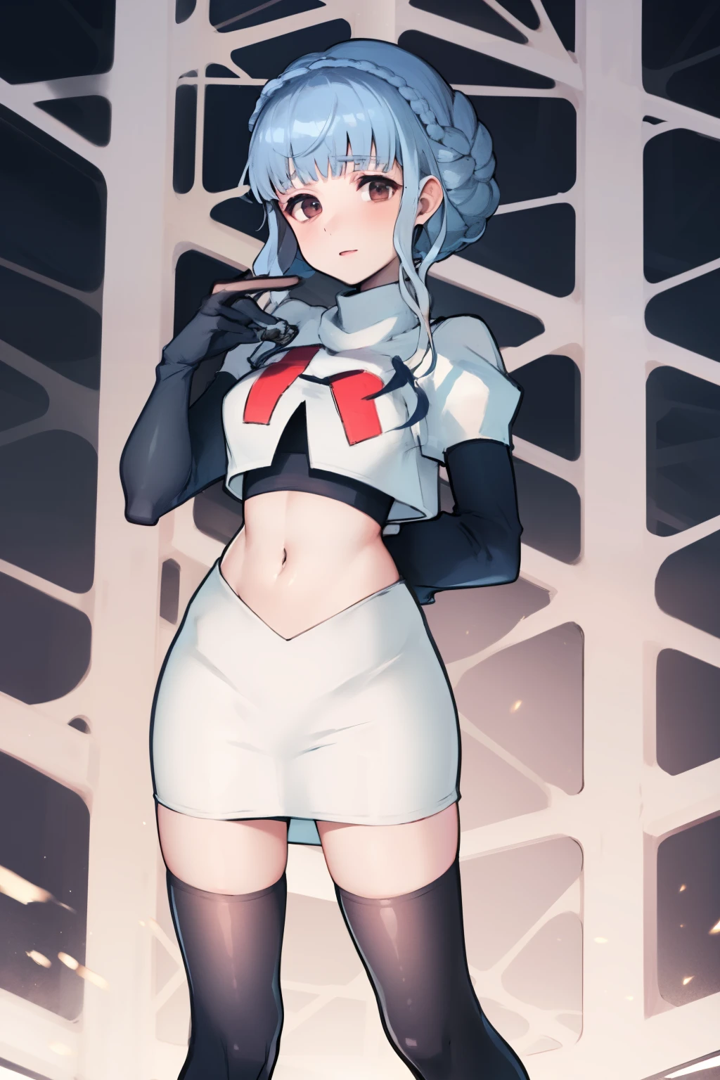 Girl 18 years old. shoulder length silver hair, round lenses, white blouse. neckline to the navel, thigh high stockings, tight, fat thighs. Camera from bottom to top