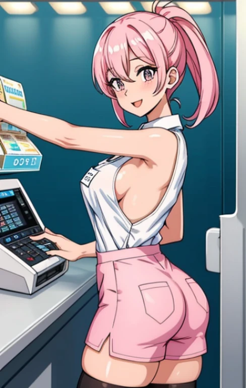 //Character 1girl,cheerful sales checkout clerk, perfect body, medium large breast, slim curve, ultra detailed face, super beautiful, innocent, cute girl, thin eyeblow, rond face, smiling full of compassion, half opened mouth, kissing face,beautiful short bobstyle, BREAK //Fashion uniform of a convenience store Attire, pale pink striped collar shirt with signature of the shop , loose booty shorts, name tag dark toned full length tights, ultra detail, complicated pattern on the tights BREAK at the convenience store , at noon , gentle light, Break Registering the product at the cash register, huge ass