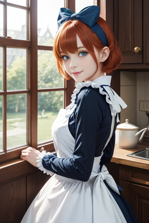 masterpiece,best quality,anime,(2d:1.2),indoors, , 1girl, roswaal mansion maid uniform, solo, maid, cyan blue eyes, short hair,bow hairband, hair between eyes, detached sleeves, looking at viewer, red hairband,ribbon, bangs, looking back, bow, orange hair,red ribbon, black sleeves, window, long sleeves, apron, white bow, frills,ribbon trim,light smile, own hands together,