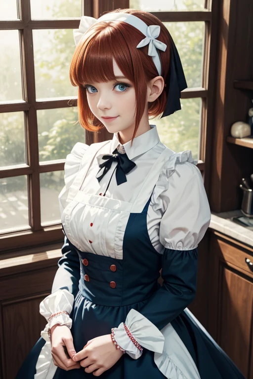 masterpiece,best quality,anime,(2d:1.2),indoors, ,  1girl, roswaal mansion maid uniform, solo, maid, cyan blue eyes, short hair,bow hairband, hair between eyes, detached sleeves, looking at viewer, red hairband,ribbon, bangs, looking back, bow, orange hair,red ribbon, black sleeves, window, long sleeves, apron, white bow, frills,ribbon trim,light smile, own hands together,
