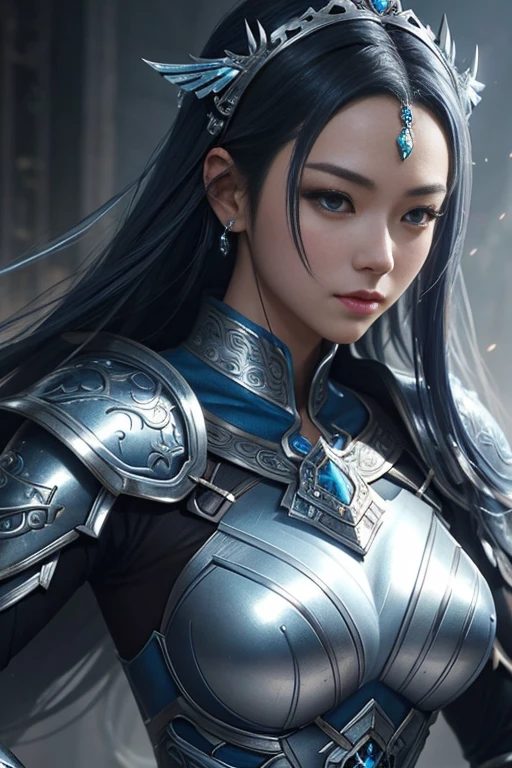 a close up of a woman in a silver and blue dress, chengwei pan on artstation, by Yang J, detailed fantasy art, stunning character art, fanart best artstation, epic exquisite character art, beautiful armor, extremely detailed artgerm, detailed digital anime art, artgerm on artstation pixiv, armor girl