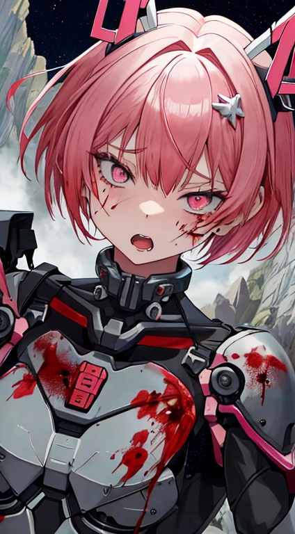 masutepiece, Best Quality, absurderes,noah_\(nikke\),ruins,1girl,girl is cyborg,Huge damage,(bleeding:1.3),pink hair,short hair,Antennae on the head,small breastsI,lying on her back on rock,scrap,blood pool, top view ,(battle suit),armor,(torn clothes:1.5),tears, open mouth, drivel,