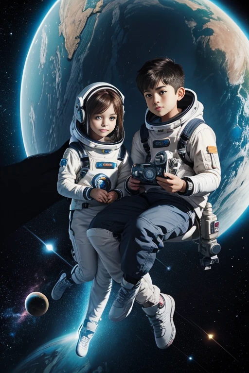 Cartoon illustration of a boy and a girl in space with cat, official fan art, in space, kitten in outer space, in outer space, in deep space, in galaxies, deep space exploration!!!, space travel, wearing in stars and planets, outer space, outer space, starry sky in space, in space, official art, space, on a spaceship, colorful, cute, more detailed, light, more realistic, cartoon