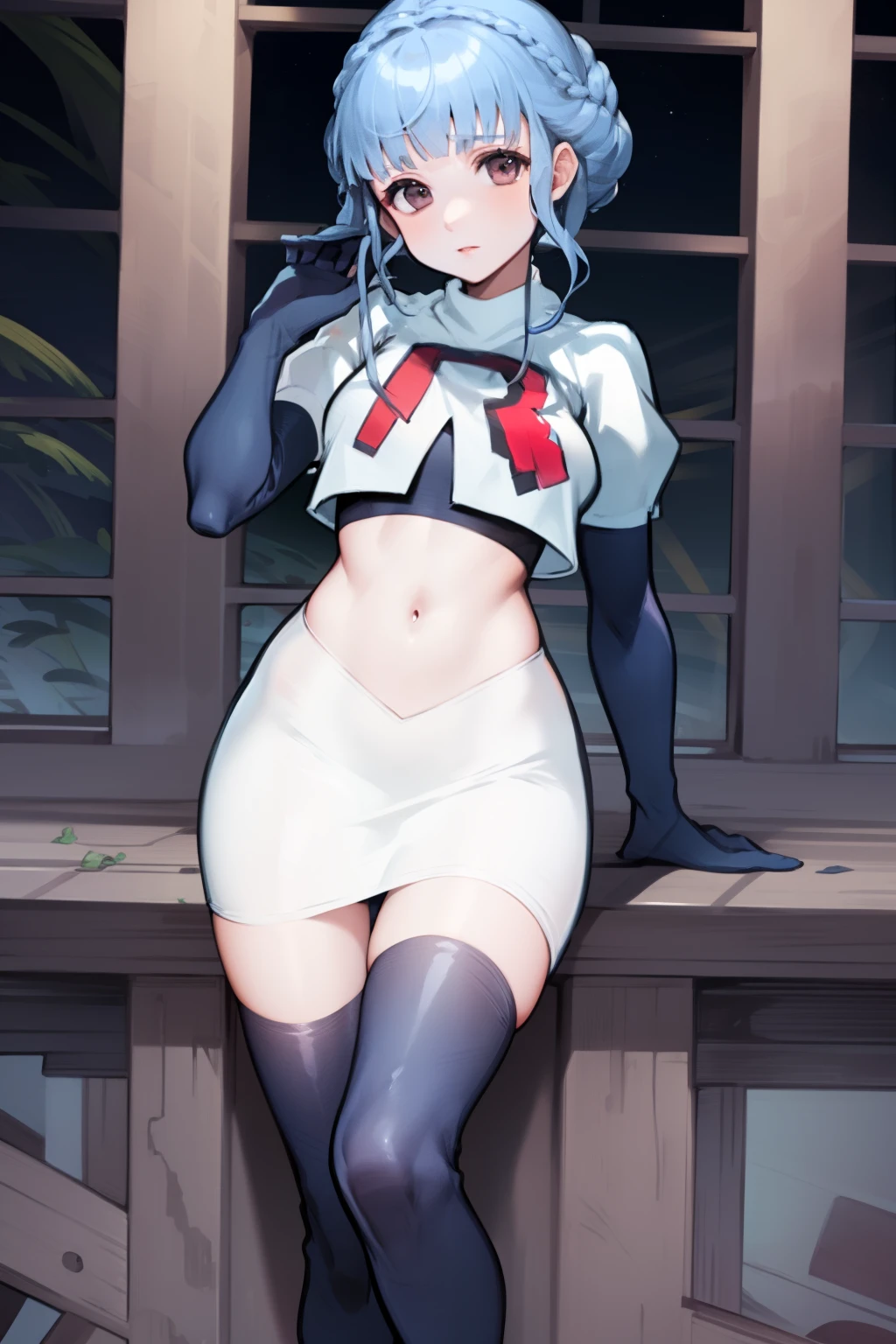 marianne von edmund, team rocket uniform, red letter R, white skirt,white crop top,black thigh-high boots, black elbow gloves, looking at viewer, cowboy shot, night sky background