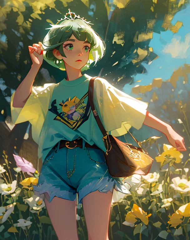 master part, best quality, high resolution, sereno 1, 1 girl, sereno 1, 1 girl, sereno (Pokémon), sozinho, olhos cinzentos, cabelos pretos, green shorts, Tiara Vermelha, Camisa, tied Camisa,, short hair, mangas curtas, shorts, Listras, yellow Camisa, belt, Middle-class shooting, grama, campo, sorrir, Standing,