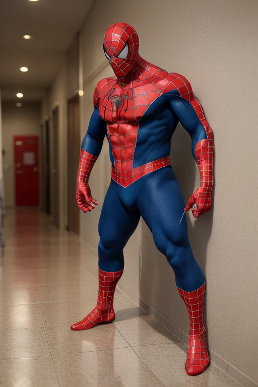 a fat Spiderman being tied-up to a wall, full body view, in a hallway corridor