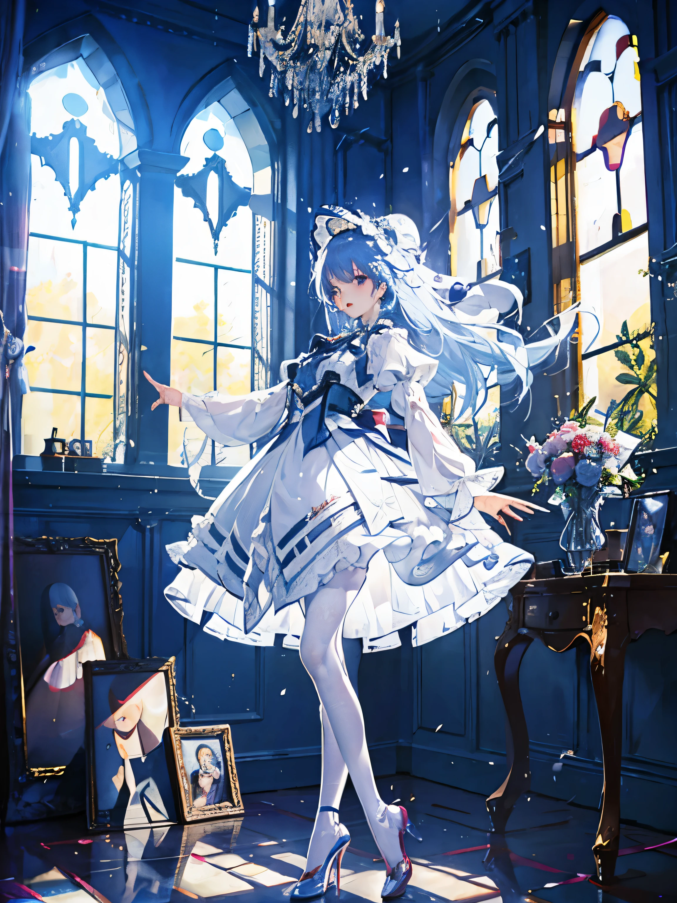 Best Quality, 1girl in, Rodres, White pantyhose,high-heels, Standing, Full body, Dancing, Indoors, in a castle, Luxurious decoration, vases, window, Sunshine