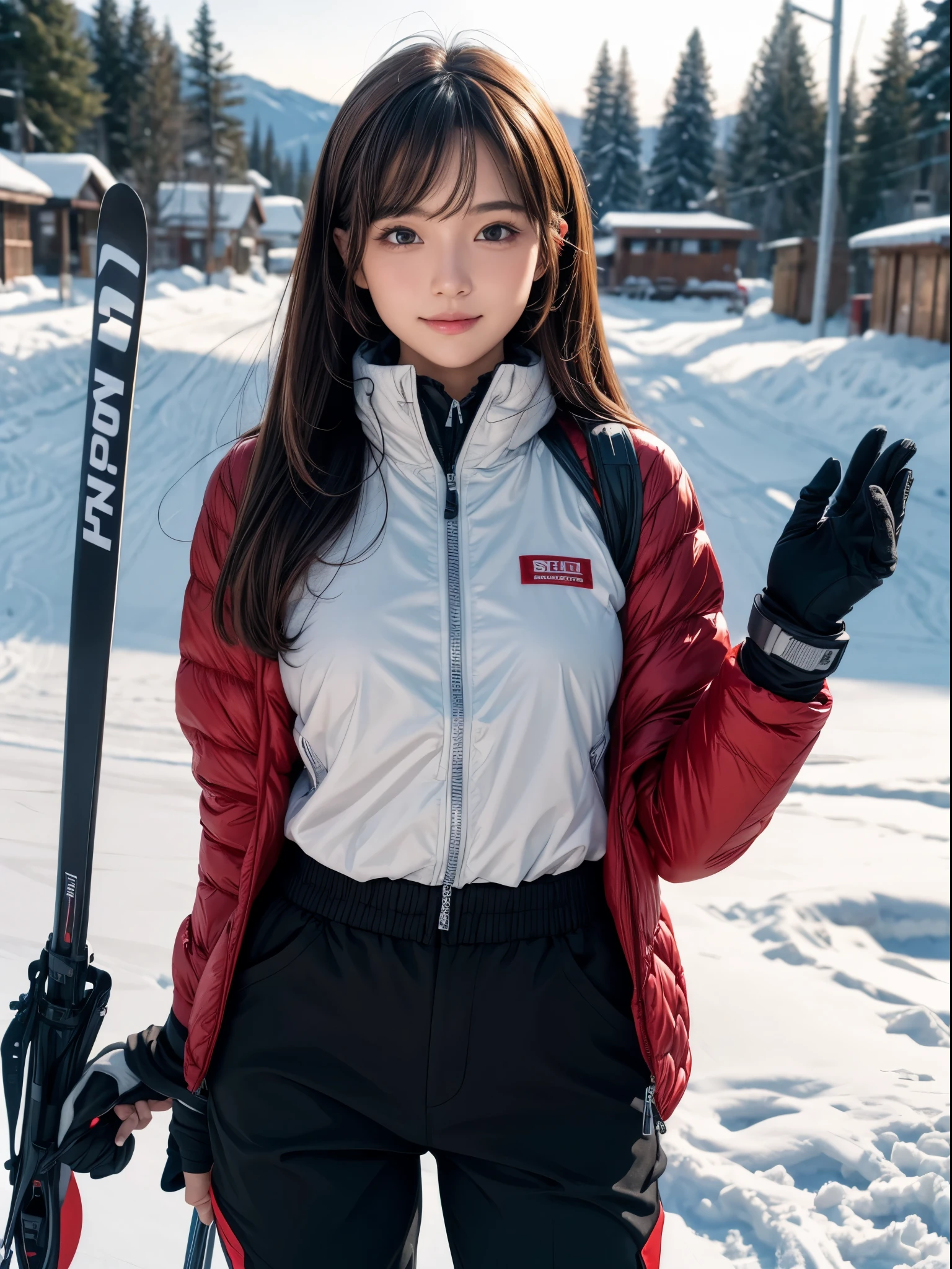 ((best quality)), ((masterpiece)), (detailed), perfect face, teenage brown girl, golden glasses, cream beanie, girl, dark brown skiing jacket, red skiing gloves, white sweatpants, red skiing gliders with red and black skiing sticks on a backdrop of snow with a wooden cabin with a snowy roof on the left and a few pine trees on the right. standing and look slightly to the left. full photo. digital art. Girl