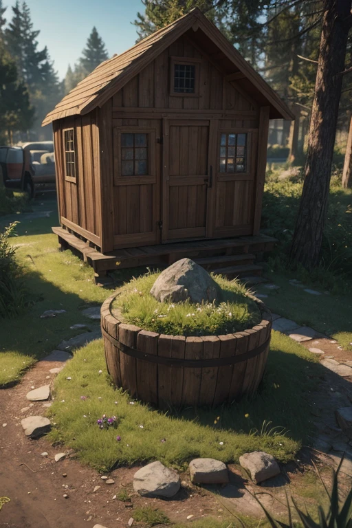 Masterpiece, best quality, (highly detailed CG unity 8k wallpaper), (best quality), (best illustration), (best shadows), round radish hut covered with moss, isometric 3D , octane rendering, ray tracing, highly detailed