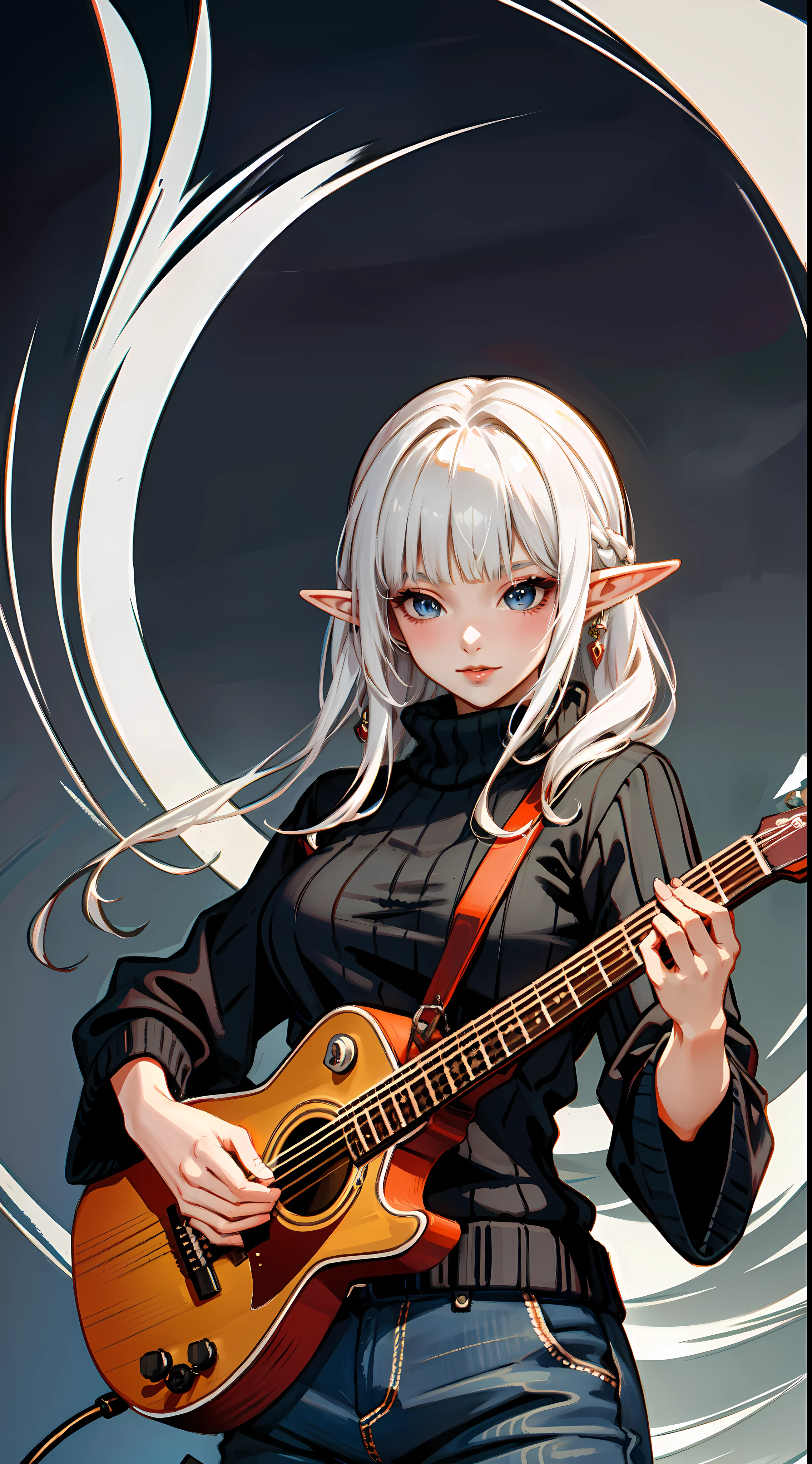 ((masterpiece, best quality)), official art, unity 8k wallpaper, ultra detailed, an elf woman, with a ((guitar)) in her hands and a joy in her eyes, BREAK, highly detailed of (elf), (1girl), solo, big breast, perfect face, details eye, Blunt bangs, (hair between eye), white hair, blue eyes, eyelashes, eyeshadow, pink eyeshadow, in the style art by Artgerm, by Kawacy, by Yoshitaka Amano, BREAK, flat jumper, knitwear, knitwear design, knitted sweater, cables, cables composition, fishermans rib, woolen material, bright orange