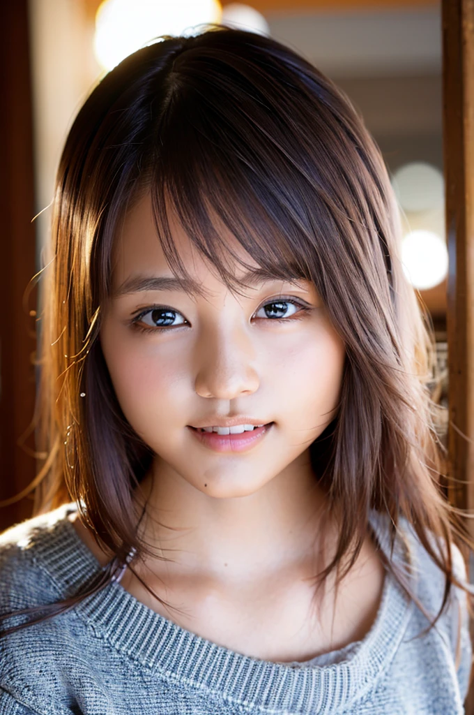 (8k, RAW photo, highest quality, masterpiece: 1.2), (realistic, photorealistic: 1.37), ultra detail, ultra high resolution, girl one, beholder, beautiful detailed face, smile, teeth, (feather cut: 0.6), high school girl, professional lighting, detailed room, indoor, face close-up photo