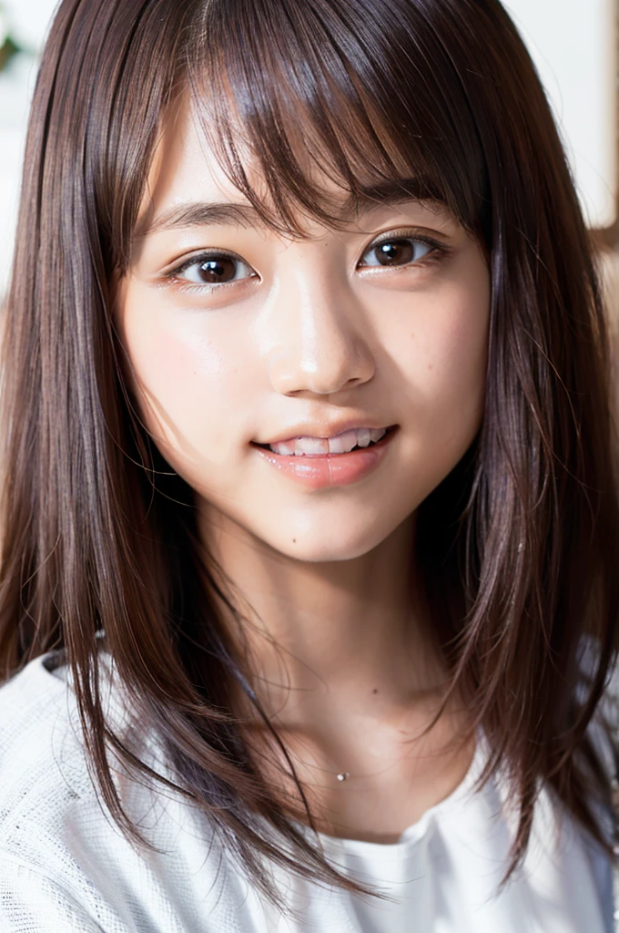 (8k, RAW photo, highest quality, masterpiece: 1.2), (realistic, photorealistic: 1.37), ultra detail, ultra high resolution, girl one, beholder, beautiful detailed face, smile, teeth, (feather cut: 0.6), high school girl, professional lighting, detailed room, indoor, face close-up photo