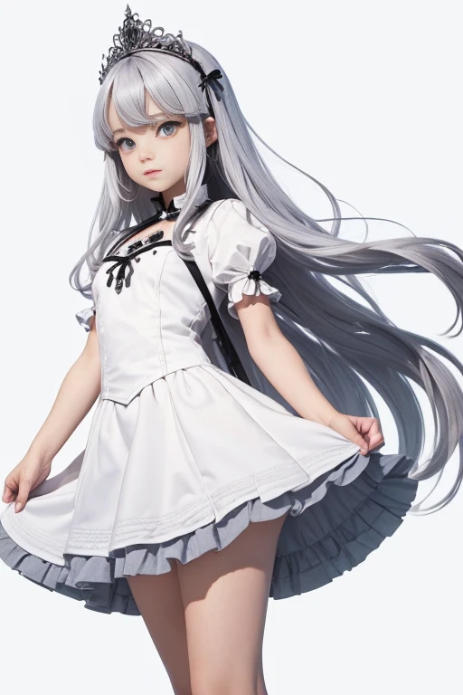 ((Masterpiece)), (highest quality))), (Character design sheet, national costume, same character, front, side, back), illustration, 1 girl, full body, silver hair, eye hair, beautiful eyes, princess cut, environmental change scene, short skirt, shyness, woman, girl, standing, goth loli, V-tuber, chartaan betarola, (simple background, white background: 1.3) ( Masterpiece:1.2), (Best Quality:1.3)