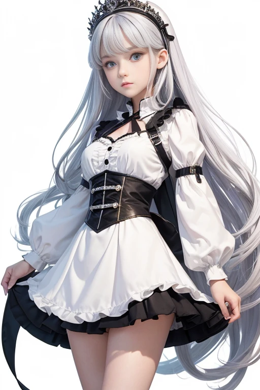 ((Masterpiece)), (highest quality))), (Character design sheet, national costume, same character, front, side, back), illustration, 1 girl, full body, silver hair, eye hair, beautiful eyes, princess cut, environmental change scene, short skirt, shyness, woman, girl, standing, goth , V-tuber, chartaan betarola, (simple background, white background: 1.3) ( Masterpiece:1.2), (Best Quality:1.3)