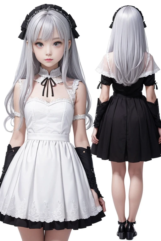 ((Masterpiece)), (highest quality))), (Character design sheet, national costume, same character, front, side, back), illustration, 1 girl, full body, silver hair, eye hair, beautiful eyes, princess cut, environmental change scene, short skirt, shyness, woman, girl, standing, goth , V-tuber, chartaan betarola, (simple background, white background: 1.3) ( Masterpiece:1.2), (Best Quality:1.3)