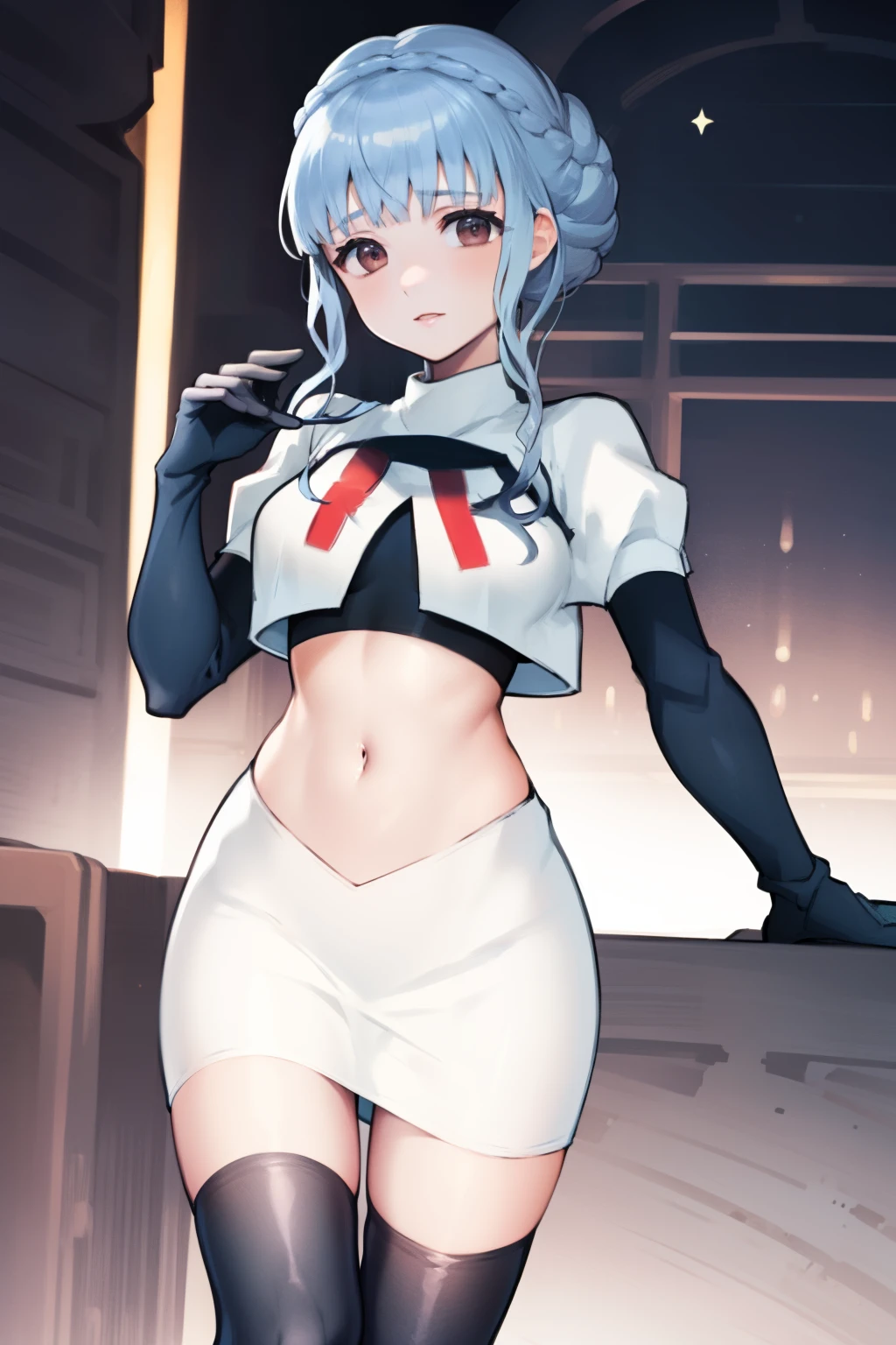 marianne von edmund, team rocket uniform, red letter R, white skirt,white crop top,black thigh-high boots, black elbow gloves, looking at viewer, cowboy shot, night sky background