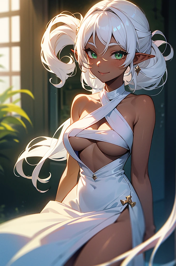 (((I want an elf girl with dark skin, white curly hair, detailed green eyes, a majestic body with full , wearing a lightly low-cut white dress with peasant features and on her face a sweet smile)))