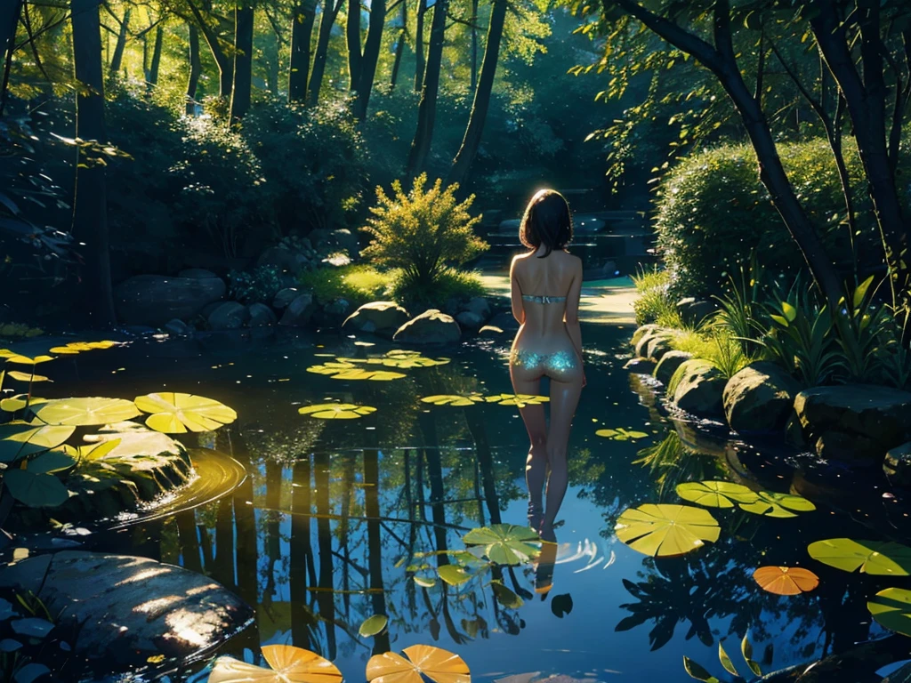 lighting coming from below, dappled reflections, caustics, sun glitter, night, pond, bathing woman