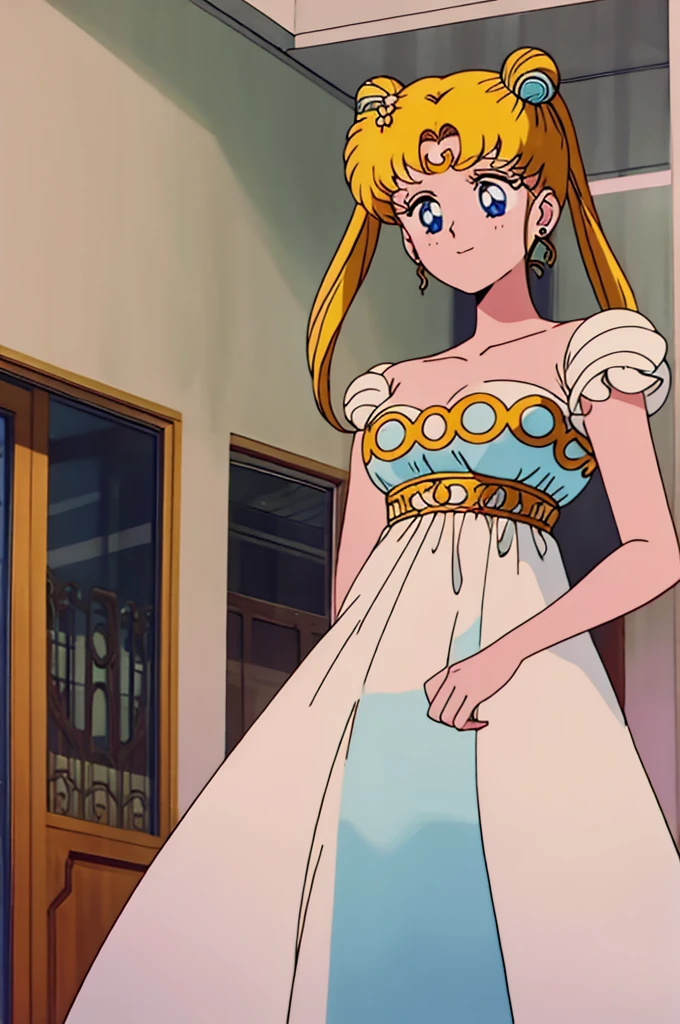 princessserenity, blonde hair, hair ornament, forehead mark, earrings, white dress, full moon, mansion, anime screencap, high quality, light smile, standing, Masterpiece