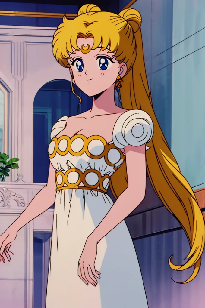 princessserenity, blonde hair, hair ornament, forehead mark, earrings, white dress, full moon, mansion, anime screencap, high quality, light smile, standing,  Masterpiece