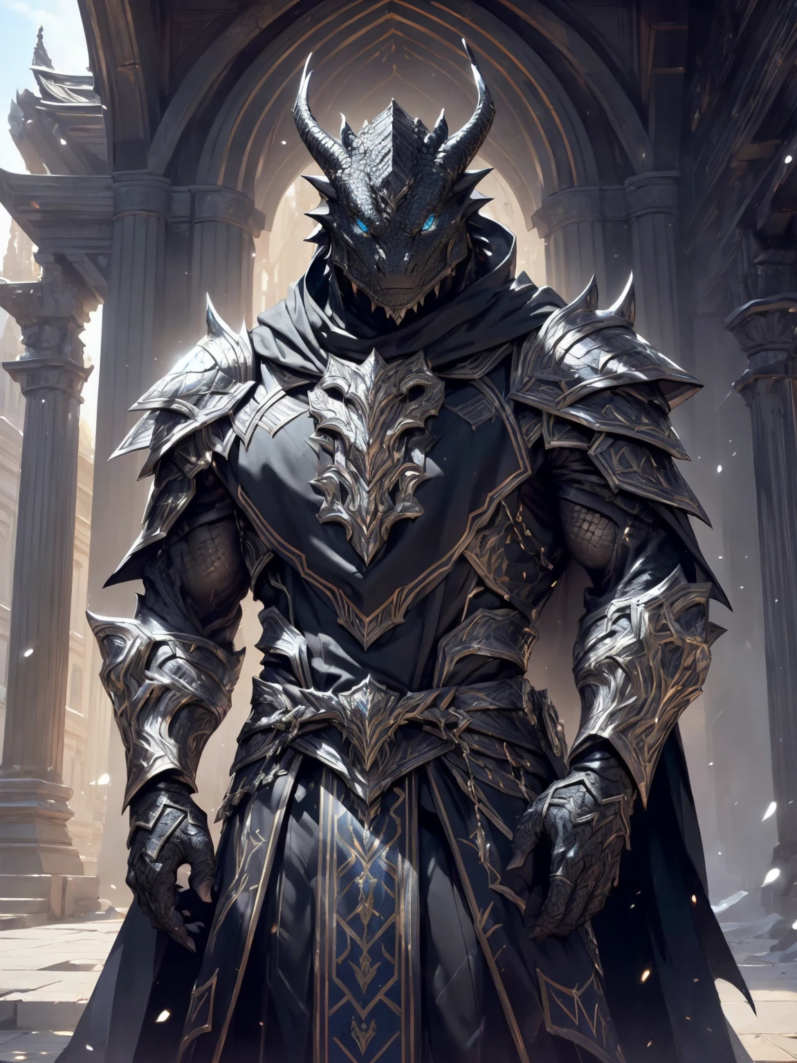 (black dragonborn, male, golden horns, solo portrait, black scales, scales, reptilian face, blue eyes) tail, buff, black and silver armor, black and silver chest armor, black and silver gauntlets, black and silver pauldrons, dark blue cloak, dark blue robes, outside, close-up, standing outside, good lighting, daytime, infront of temple ((masterpiece, best quality)), art by greg rutkowski