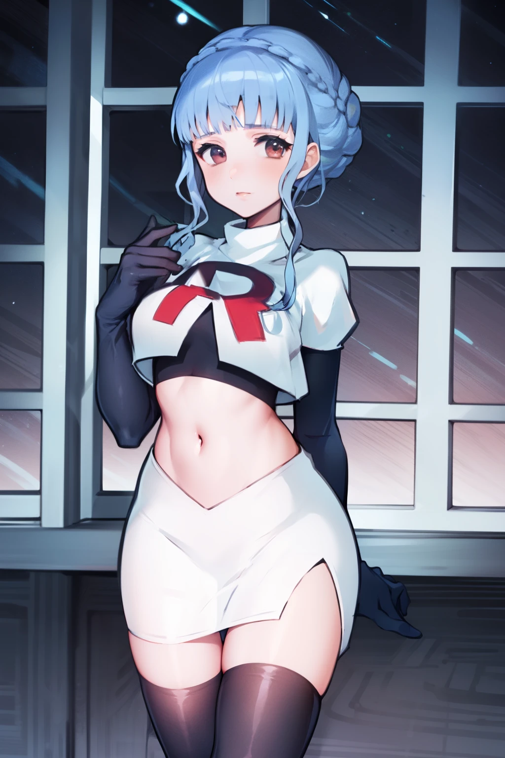 marianne von edmund, team rocket uniform, red letter R, white skirt,white crop top,black thigh-high boots, black elbow gloves, looking at viewer, cowboy shot, night sky background