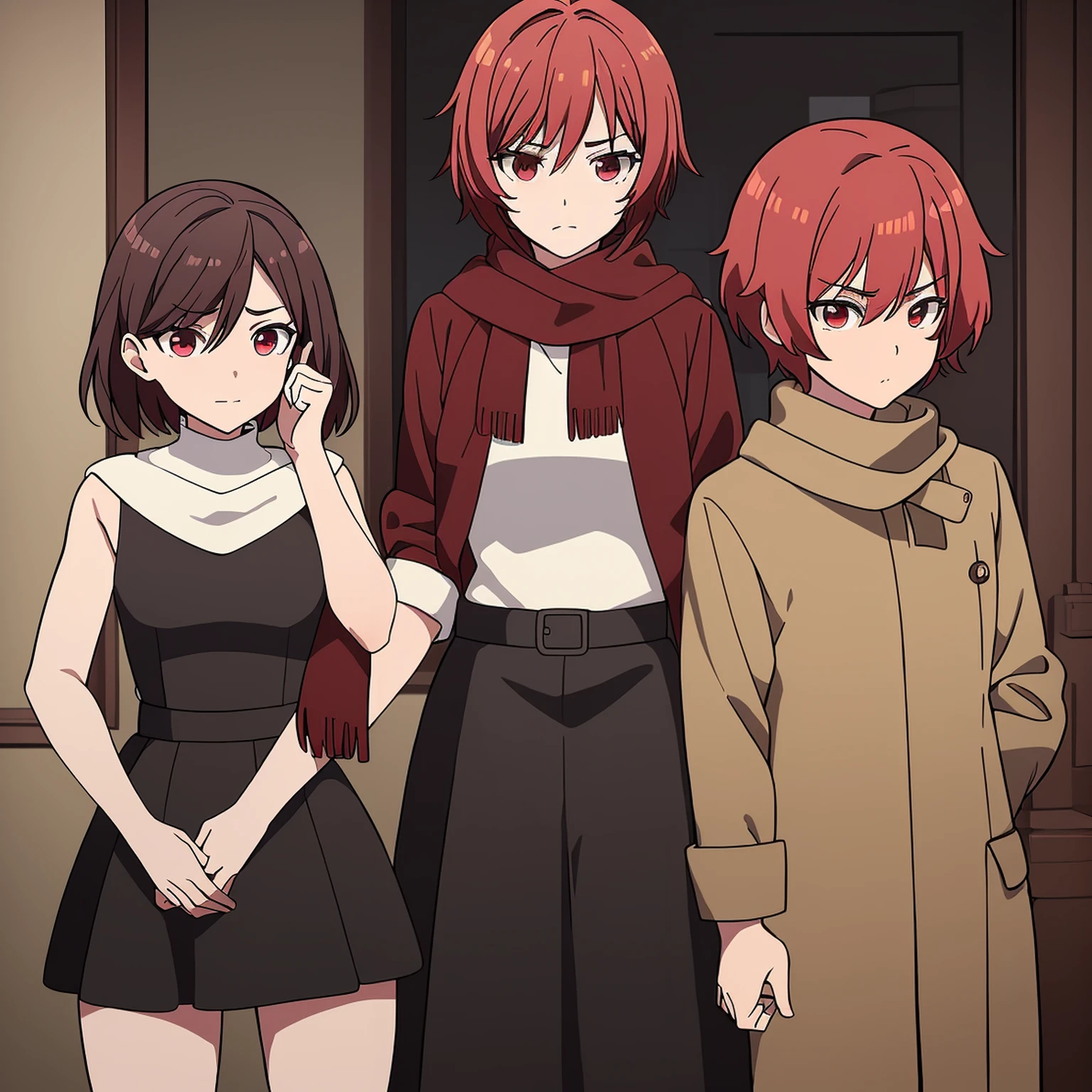 ((best quality)), ((masterpiece)), (circulated), perfect face, femboy, transvestite, red hair, olive skin, brown eyes, cold clothes, no breasts, scarf, extremely short hair, boy, male, trans, gay