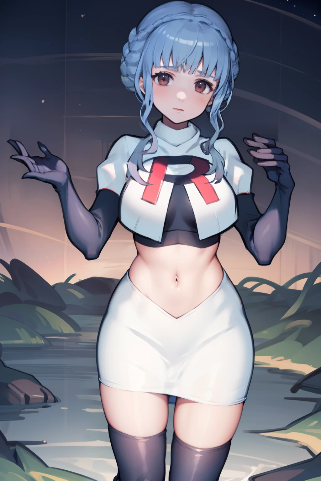 marianne von edmund, team rocket uniform, red letter R, white skirt,white crop top,black thigh-high boots, black elbow gloves, looking at viewer, cowboy shot, night sky background