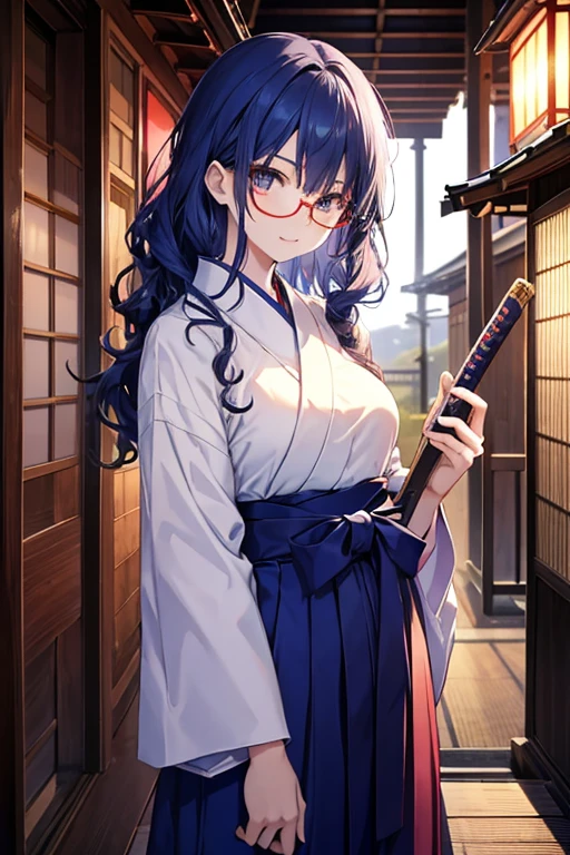 20 years old Japanese girl , high height, wears pale blue lenses glasses, sharp eyes, deep blue curly hair, have a Japanese sword ,wearing a deep blue Japanese hakama , fearless smile, cigarette in his mouth , in front of a Japanese traditional house in midnight,