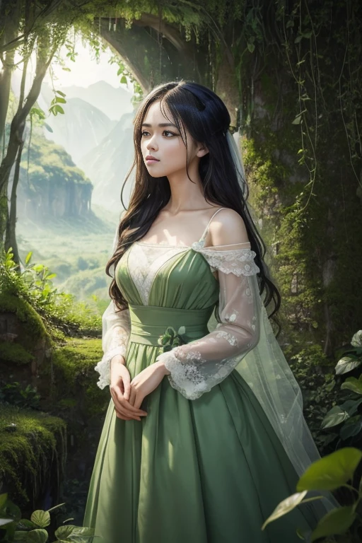(melancholy:1.5), infinite green [green field:1.3], natural landscape:1.2], strong longing, youthful love, tenderness in every look, sad countenance, beautiful and upright union.