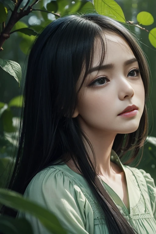 (melancholy:1.5), infinite green [green field:1.3], natural landscape:1.2], strong longing, youthful love, tenderness in every look, sad countenance, beautiful and upright union.