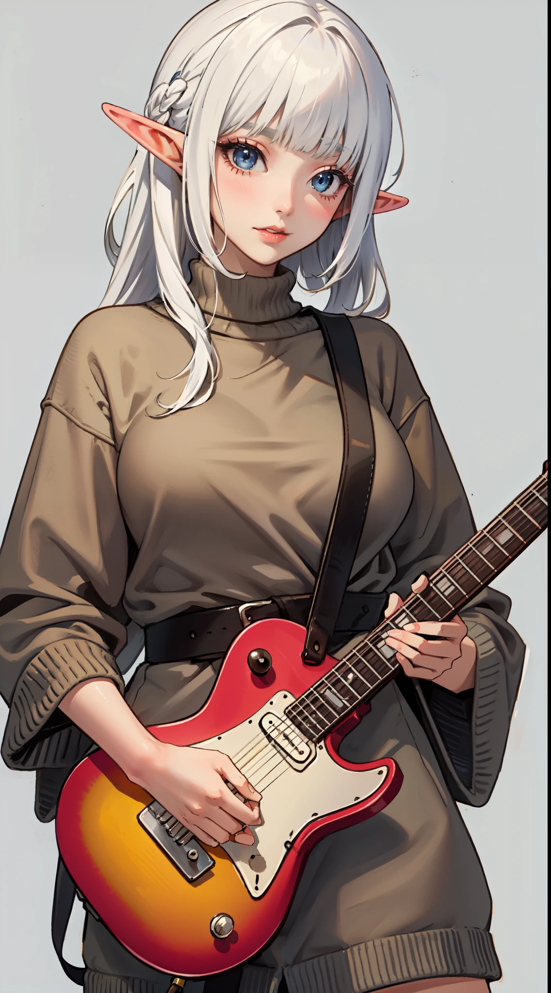 ((masterpiece, best quality)), official art, unity 8k wallpaper, ultra detailed, an elf woman, with a ((guitar)) in her hands and a joy in her eyes, BREAK, highly detailed of (elf), (1girl), solo, big breast, perfect face, details eye, Blunt bangs, (hair between eye), white hair, blue eyes, eyelashes, eyeshadow, pink eyeshadow, in the style art by Artgerm, by Kawacy, by Yoshitaka Amano, BREAK, flat jumper, knitwear, knitwear design, knitted sweater, cables, cables composition, fishermans rib, woolen material, bright orange