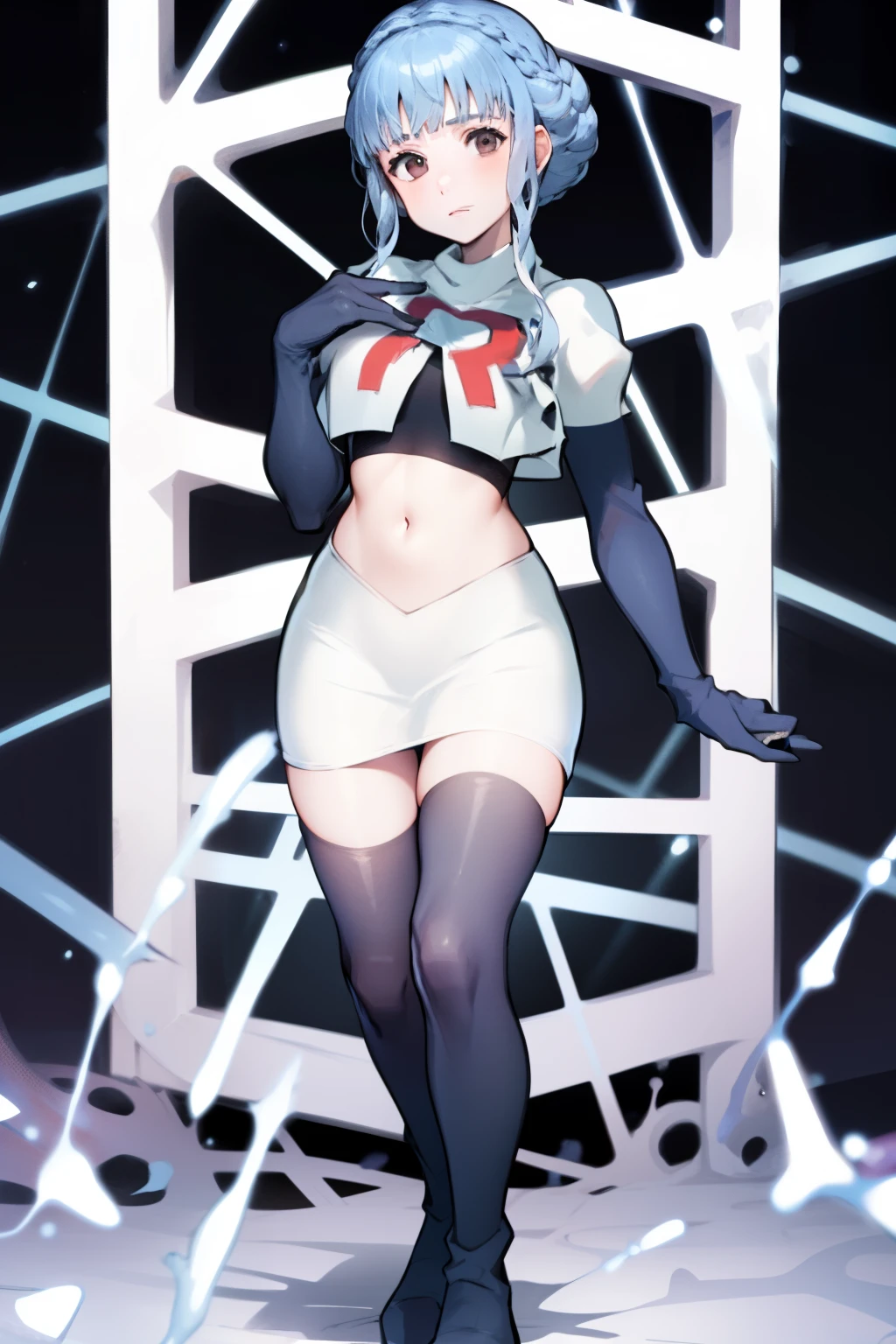 lucy \(cyberpunk\), 1girl, arm up, asymmetrical hair, belt, bodysuit, (large breasts:1.3), wide thighs, covered mouth, covered navel, detached sleeves, grey eyes, hip vent, looking at viewer, night, night sky, pouch, short hair, sky, solo, white hair, wire, short shorts, shorts, open jacket,