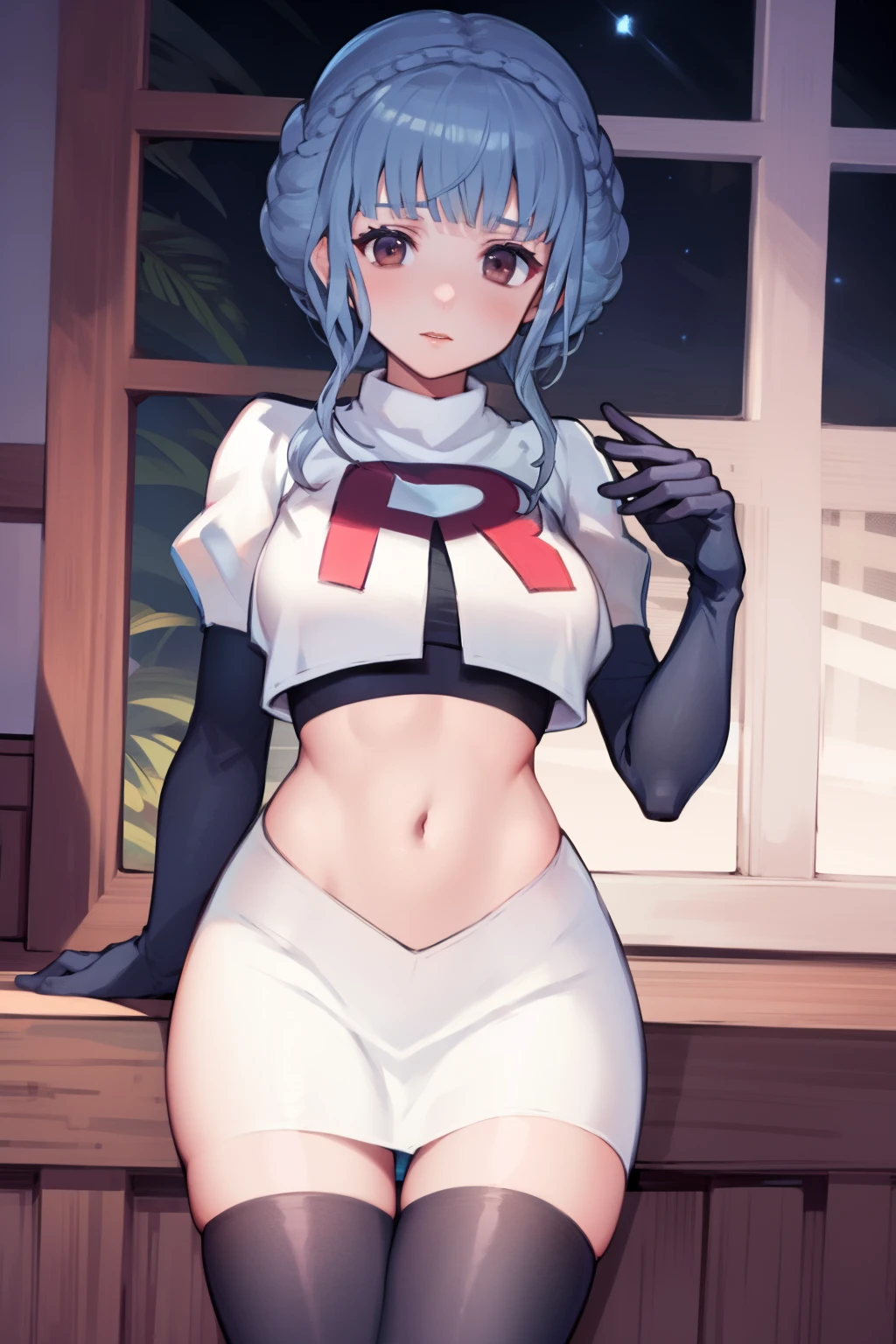 marianne von edmund, team rocket uniform, red letter R, white skirt,white crop top,black thigh-high boots, black elbow gloves, looking at viewer, cowboy shot, night sky background