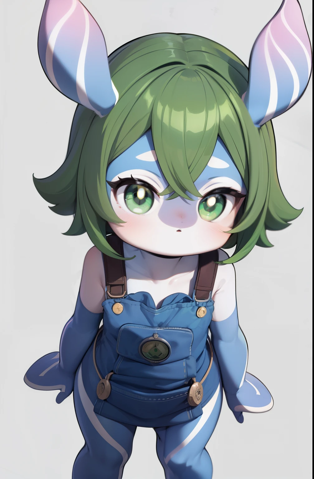 1girl in, MLSN's'S, Blue fur, Green hair, Green eyeS, overall, SleeveleSS, Standing, Looking at Viewer, From above, Short hair,